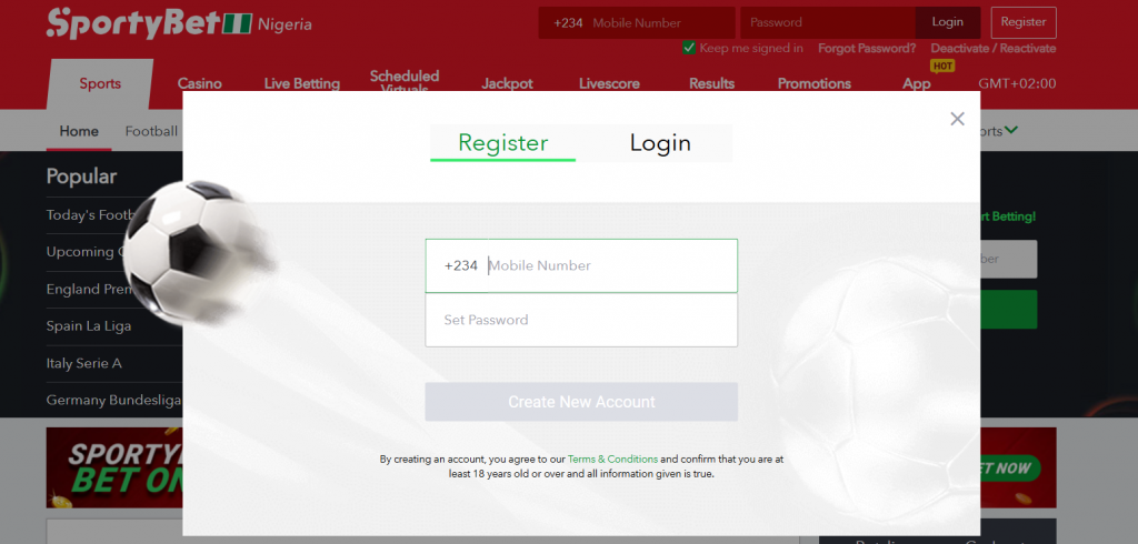 Registration at Sportybet.